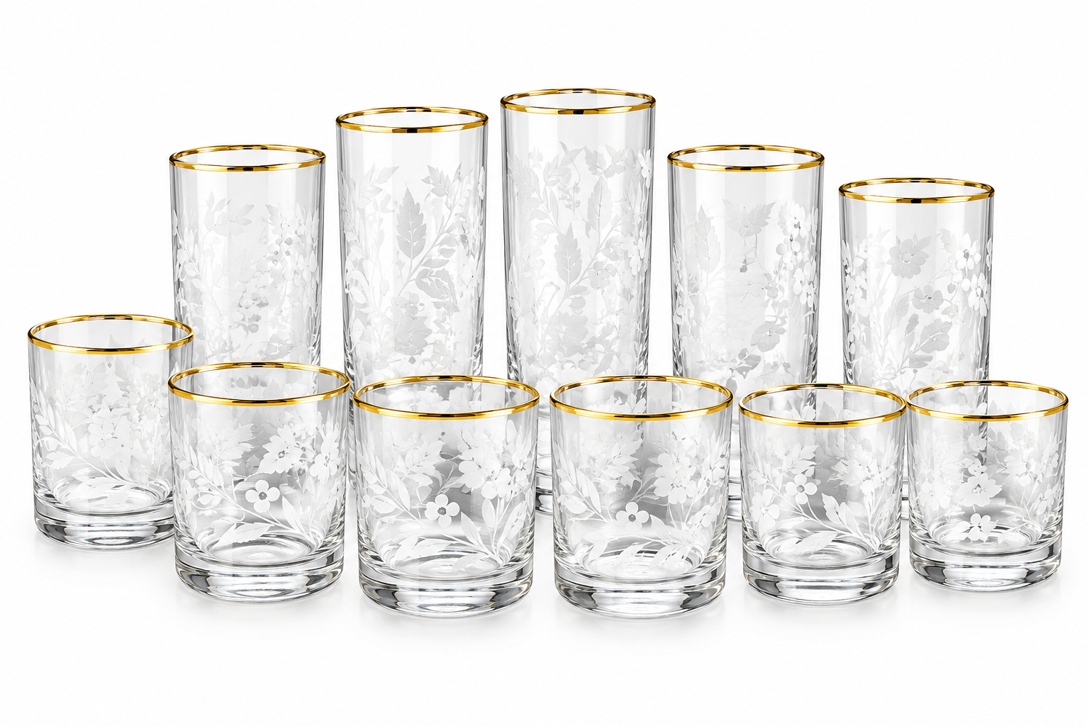 12-piece assorted set with carved, gold-filled detailing